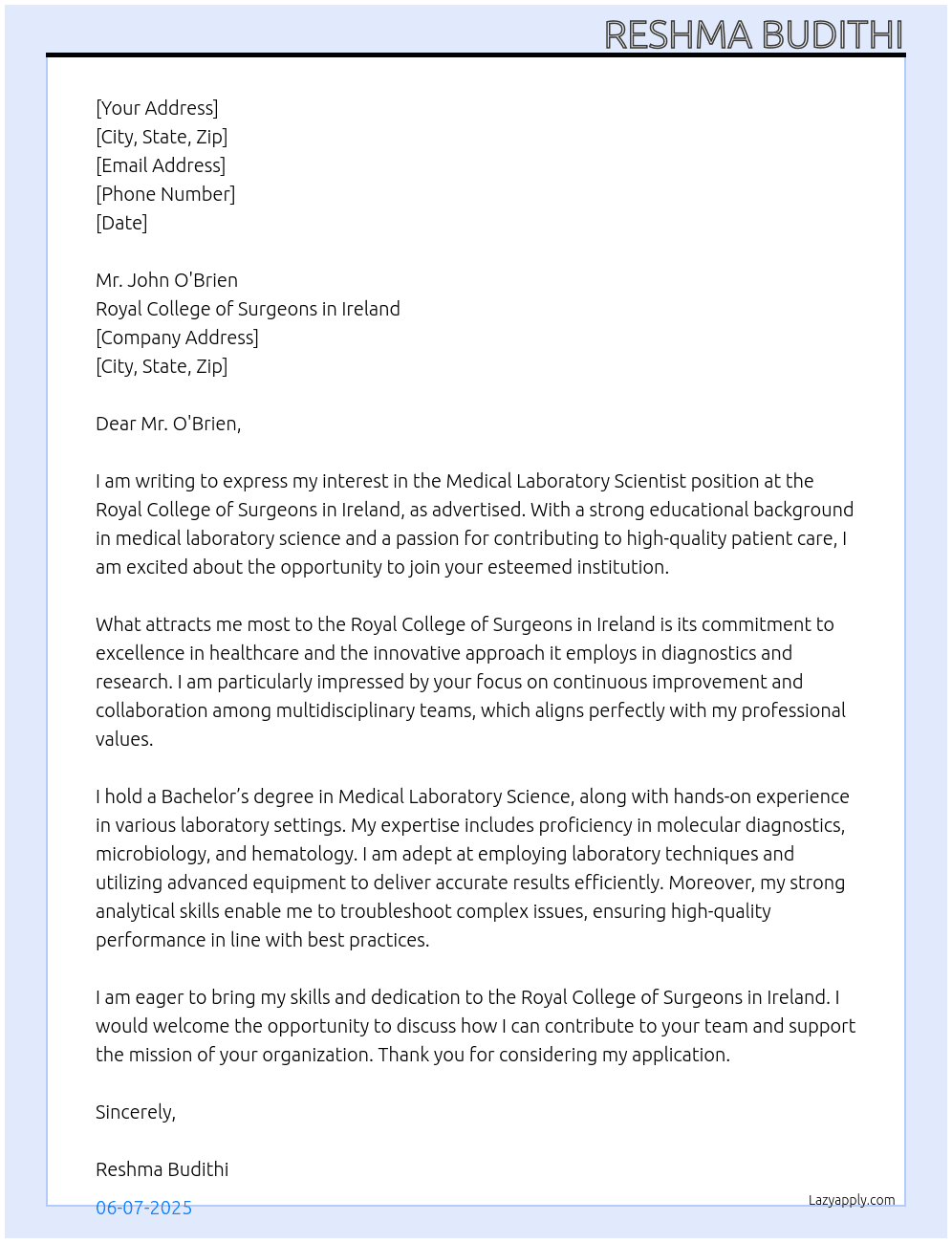 medical laboratory scientist At royal college of surgeons in ireland Cover Letter