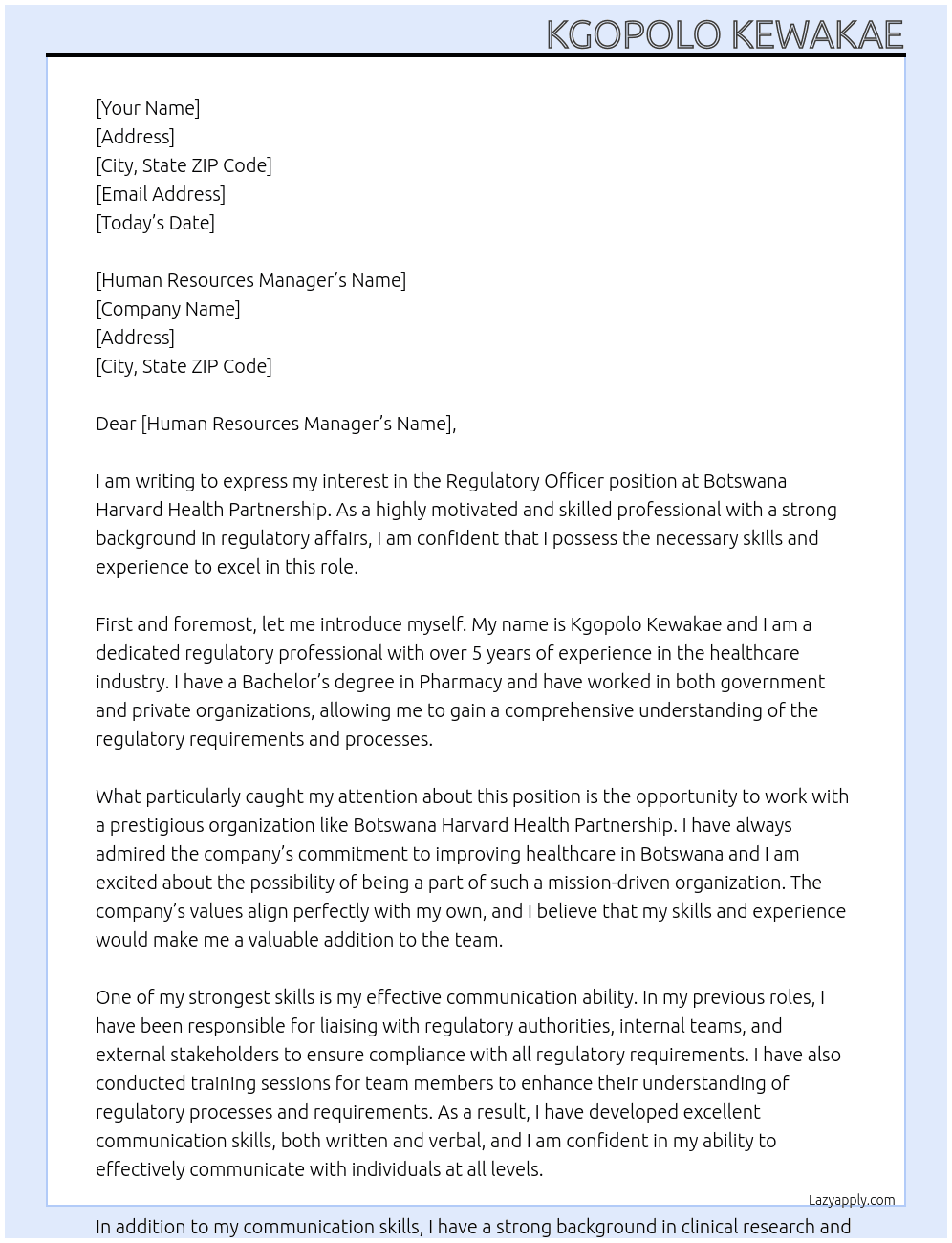 Regulatory officer At Botswana Harvard Health Partnership Cover Letter