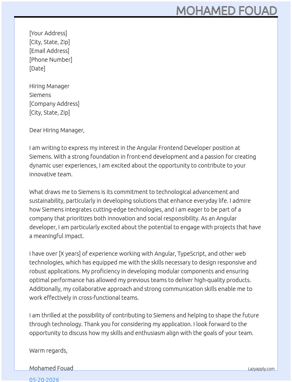 Angular Frontend Developer At Siemens Cover Letter