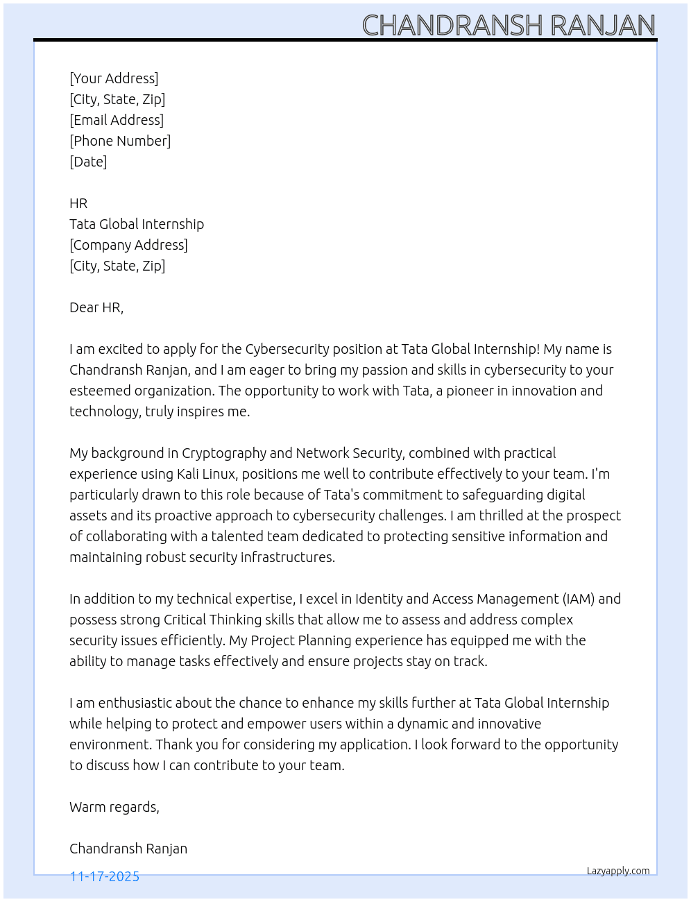 Cybersecurity  At Tata Global Internship  Cover Letter