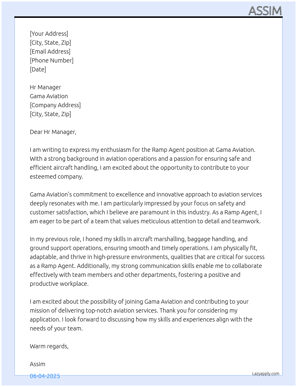 Cover letter for ramp agent - LazyApply