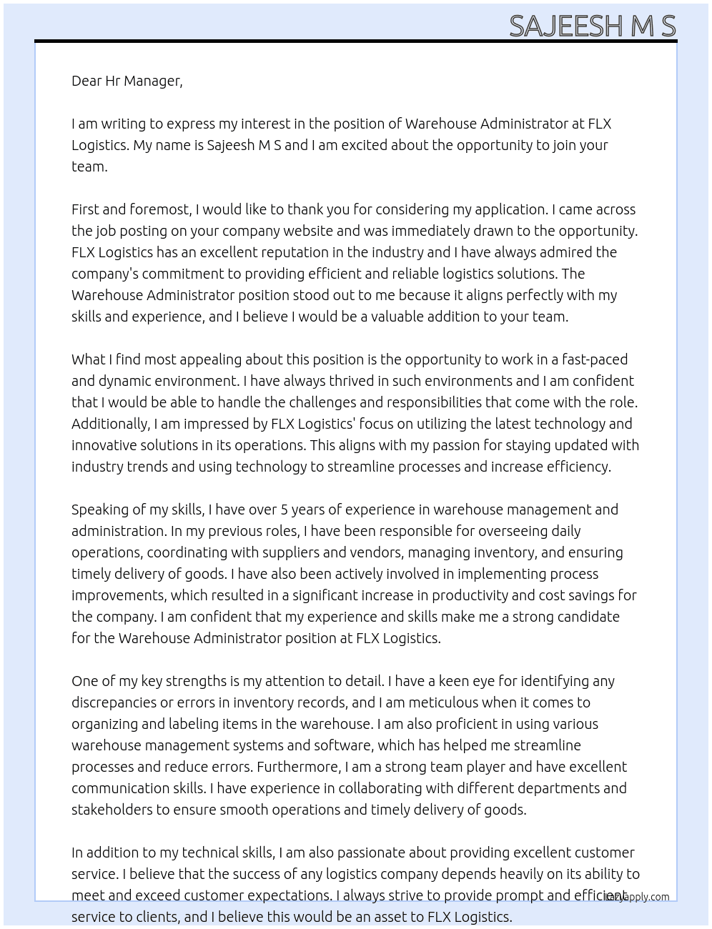 Warehouse Administrator At FLX Logistics Cover Letter