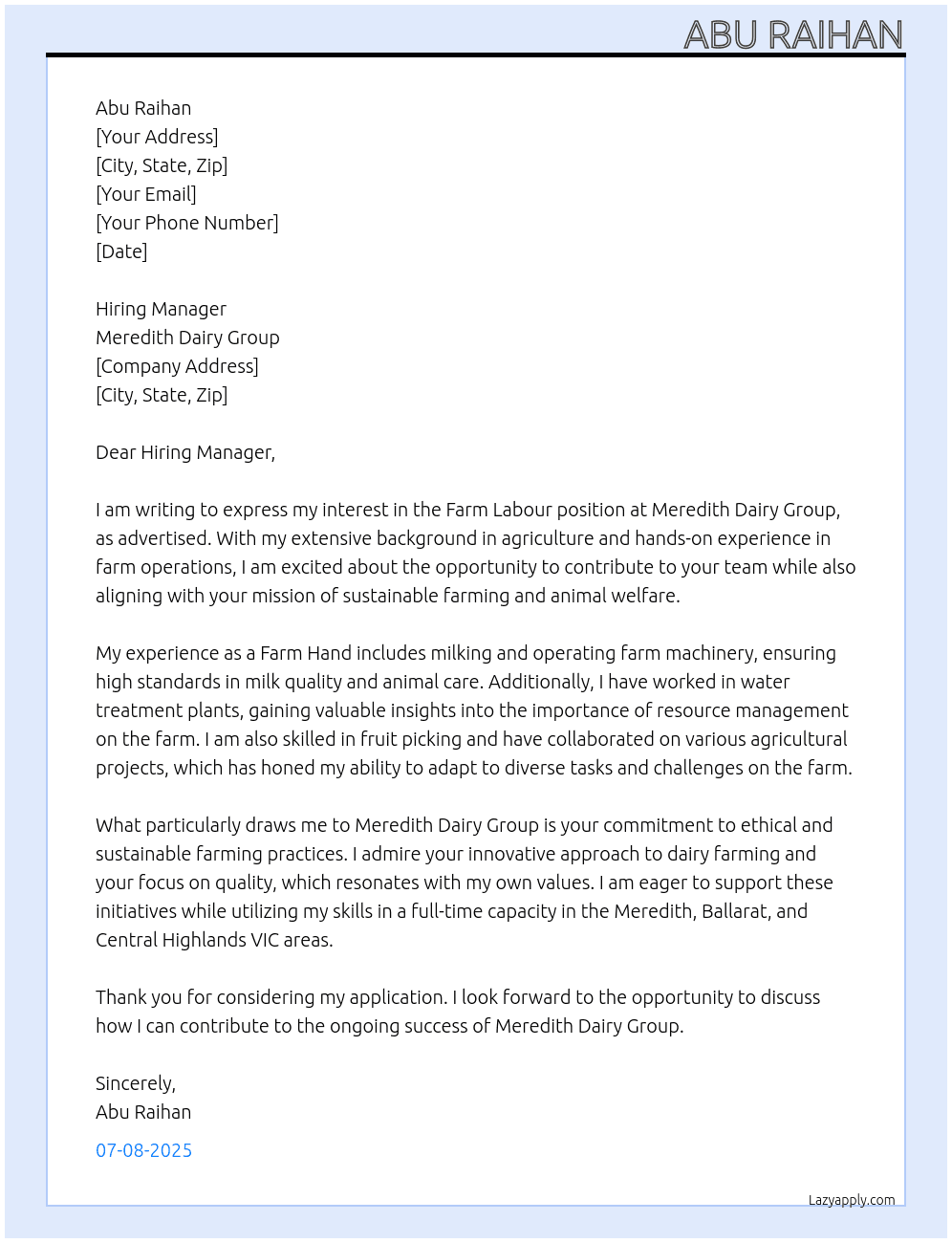 Farm Labour (Farming, Animals & Conservation) At Meredith Dairy Group Cover Letter