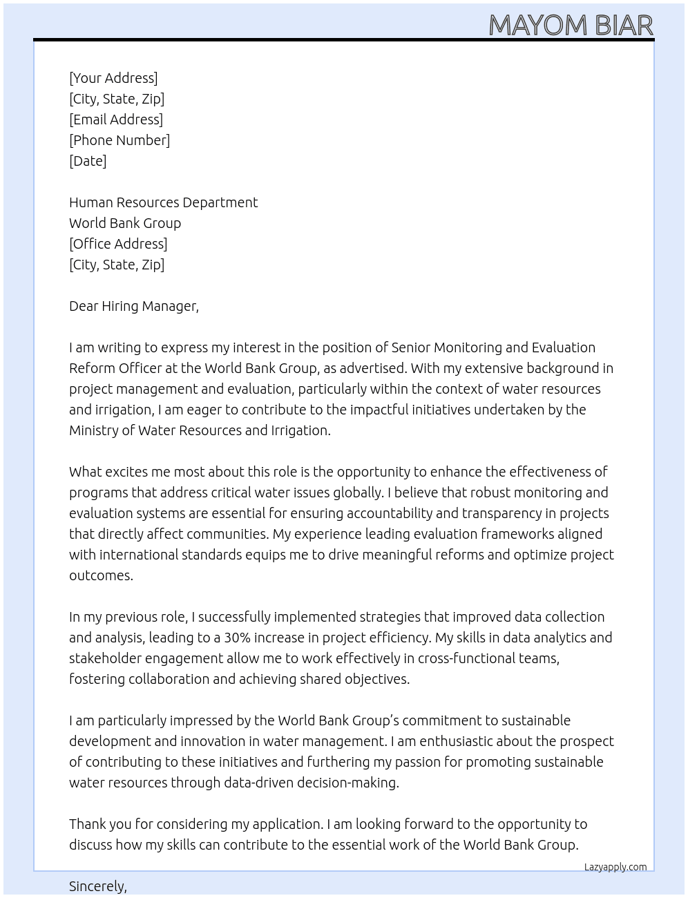 Cover letter for senior monitoring and evaluation reform officer - LazyApply