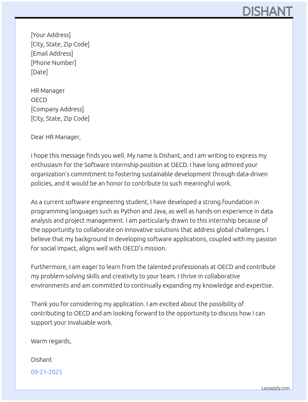 SOFTWARE intership At OECD Cover Letter