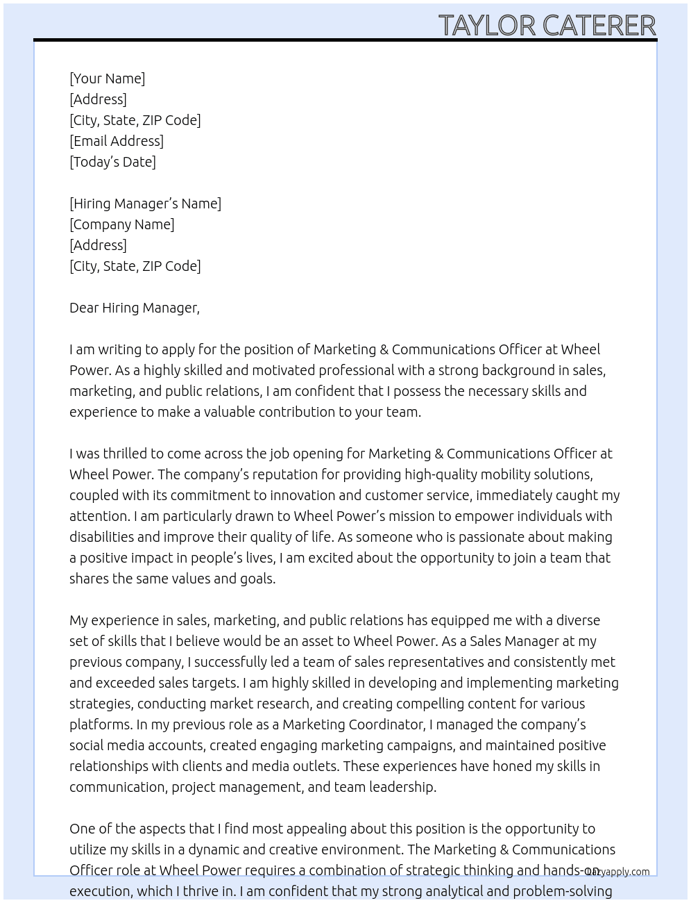 Marketing & Communications Officer At Wheel Power Cover Letter