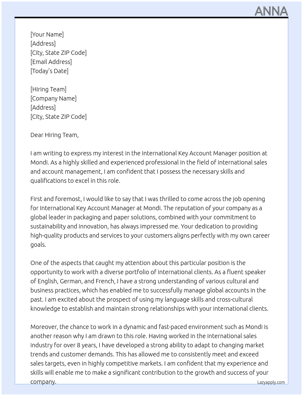 International Key Account Manager (f/m/x) At Mondi Cover Letter