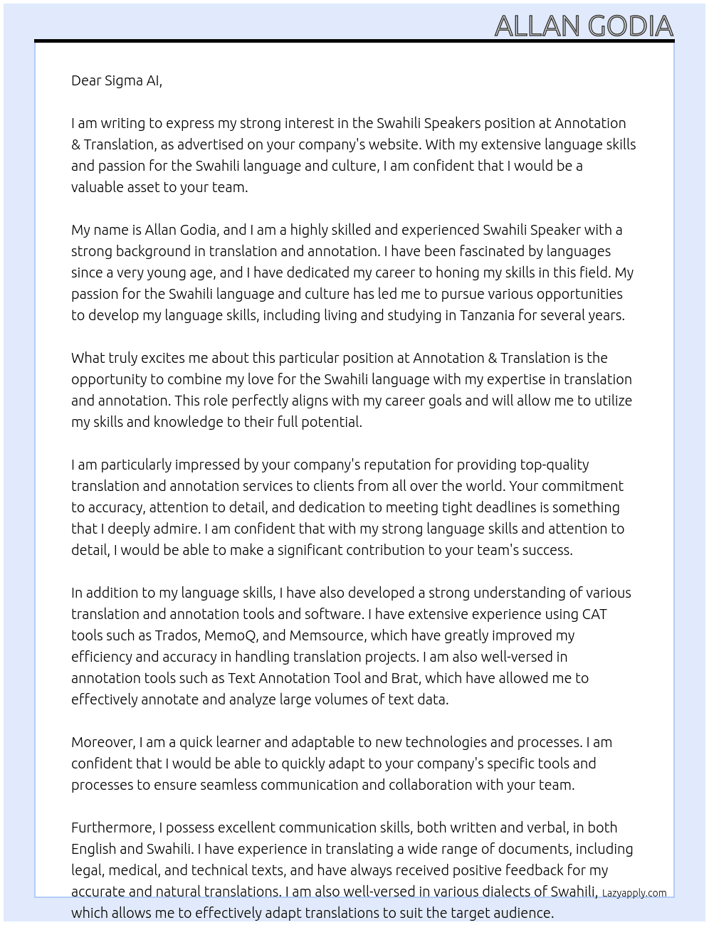 Swahili Speakers At Annotation & Translation Cover Letter