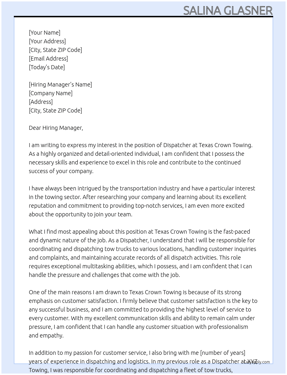 Dispatcher At Texas Crown Towing Cover Letter