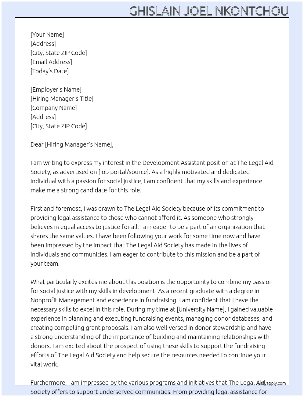 Development Assistant At The Legal Aid Society Cover Letter