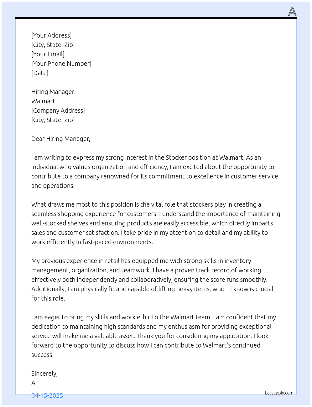 stocker At Walmart Cover Letter
