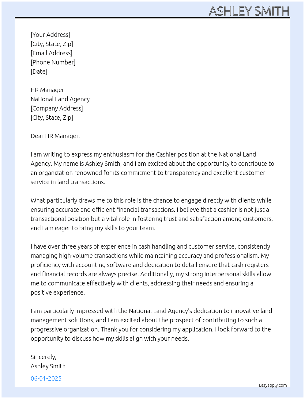 Cashier At National Land Agency Cover Letter