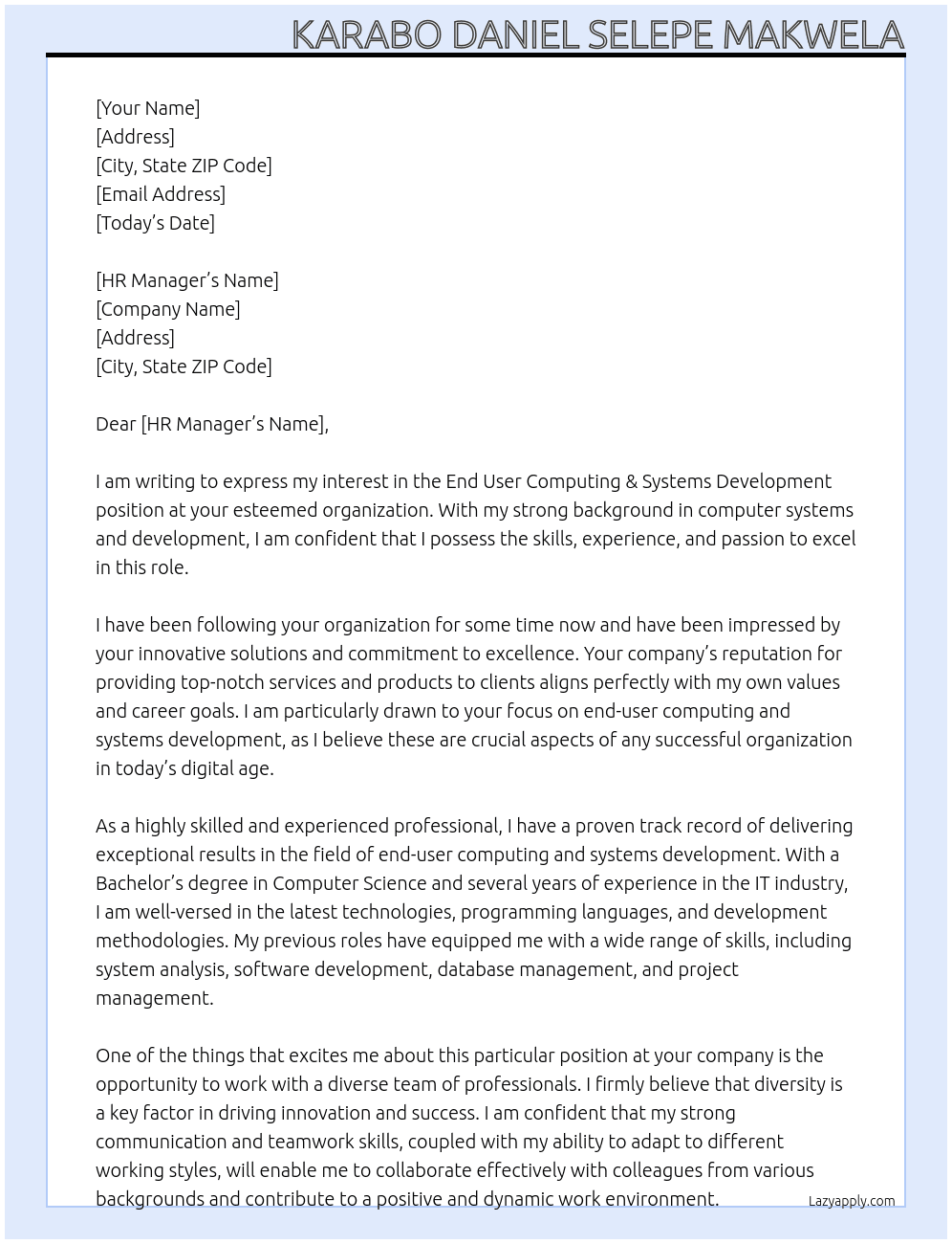 Cover letter for end user cpmputing & systems development - LazyApply