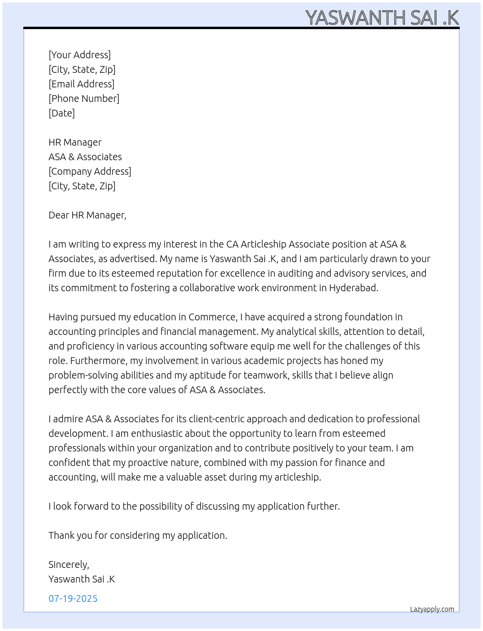 CA Articleship At  ASA & Associates Cover Letter