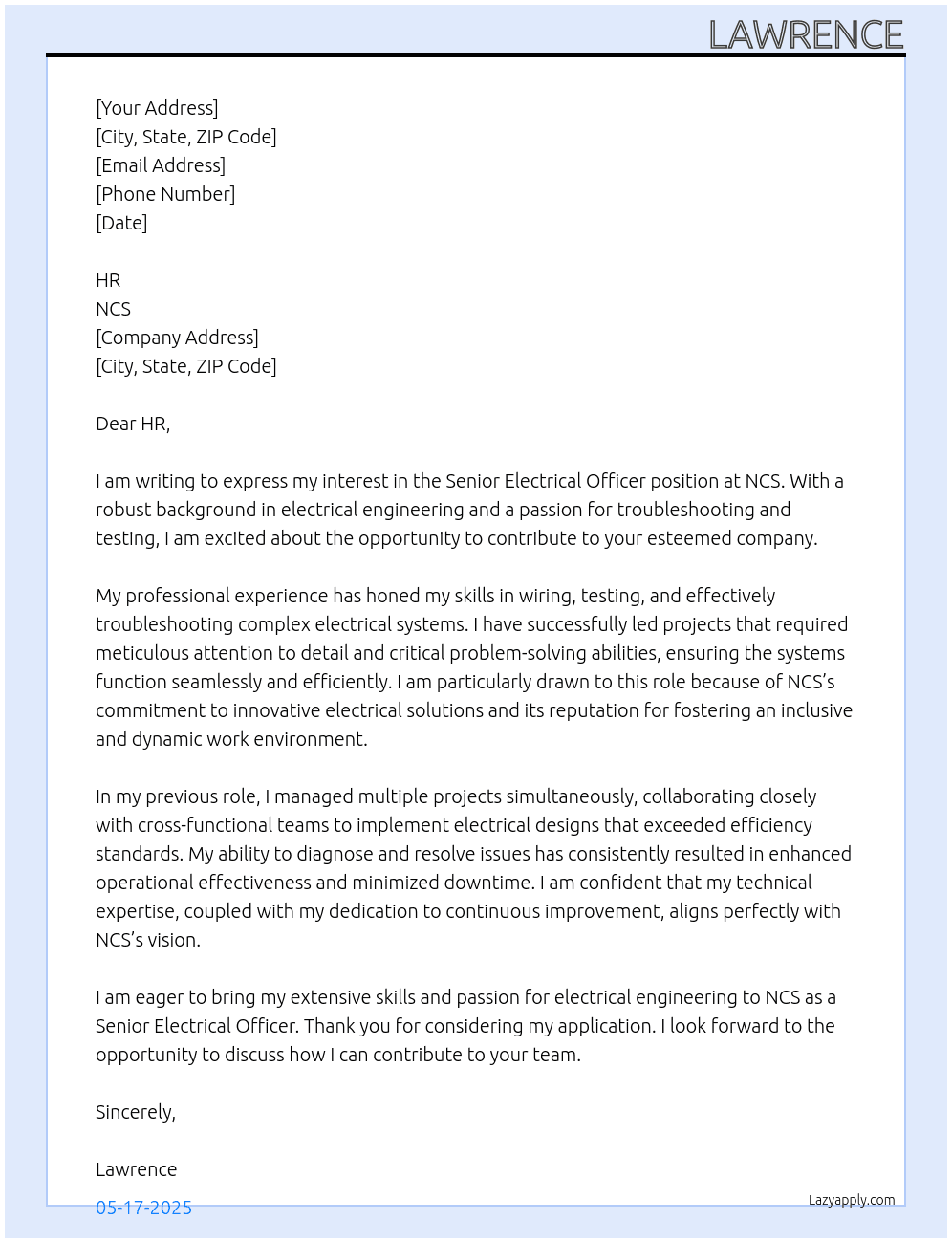 Senior electrical officer At NCS Cover Letter