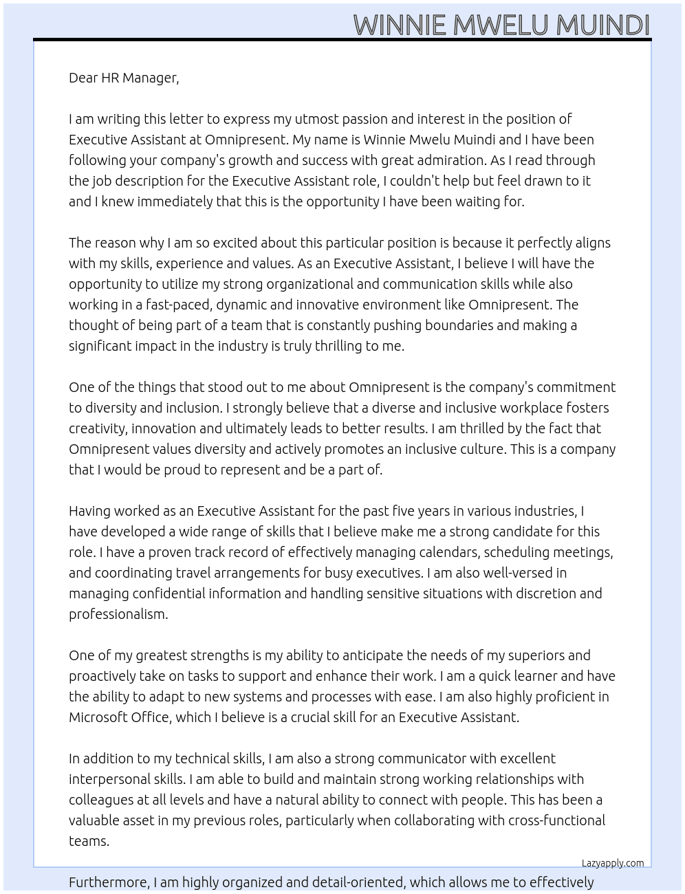 Executive Assistant At Omnipresent Cover Letter