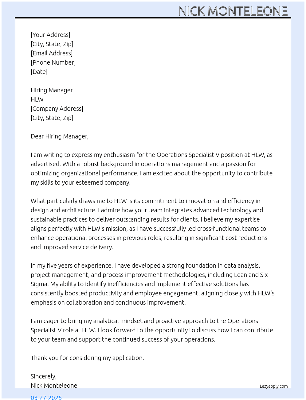 Cover letter for operations specialist v - LazyApply