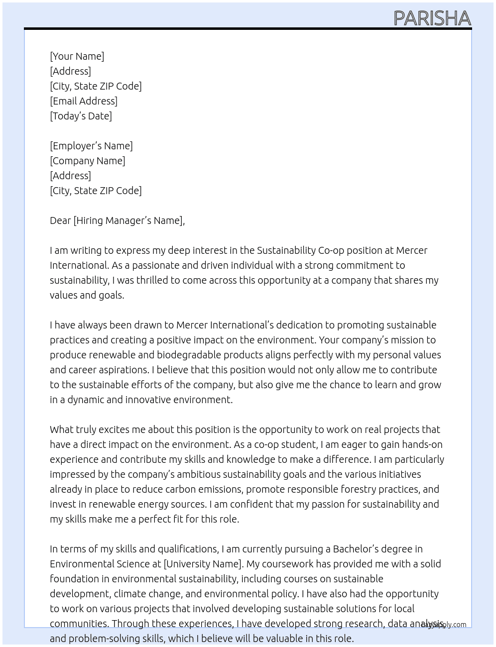 sustainability co-op At mercer international Cover Letter