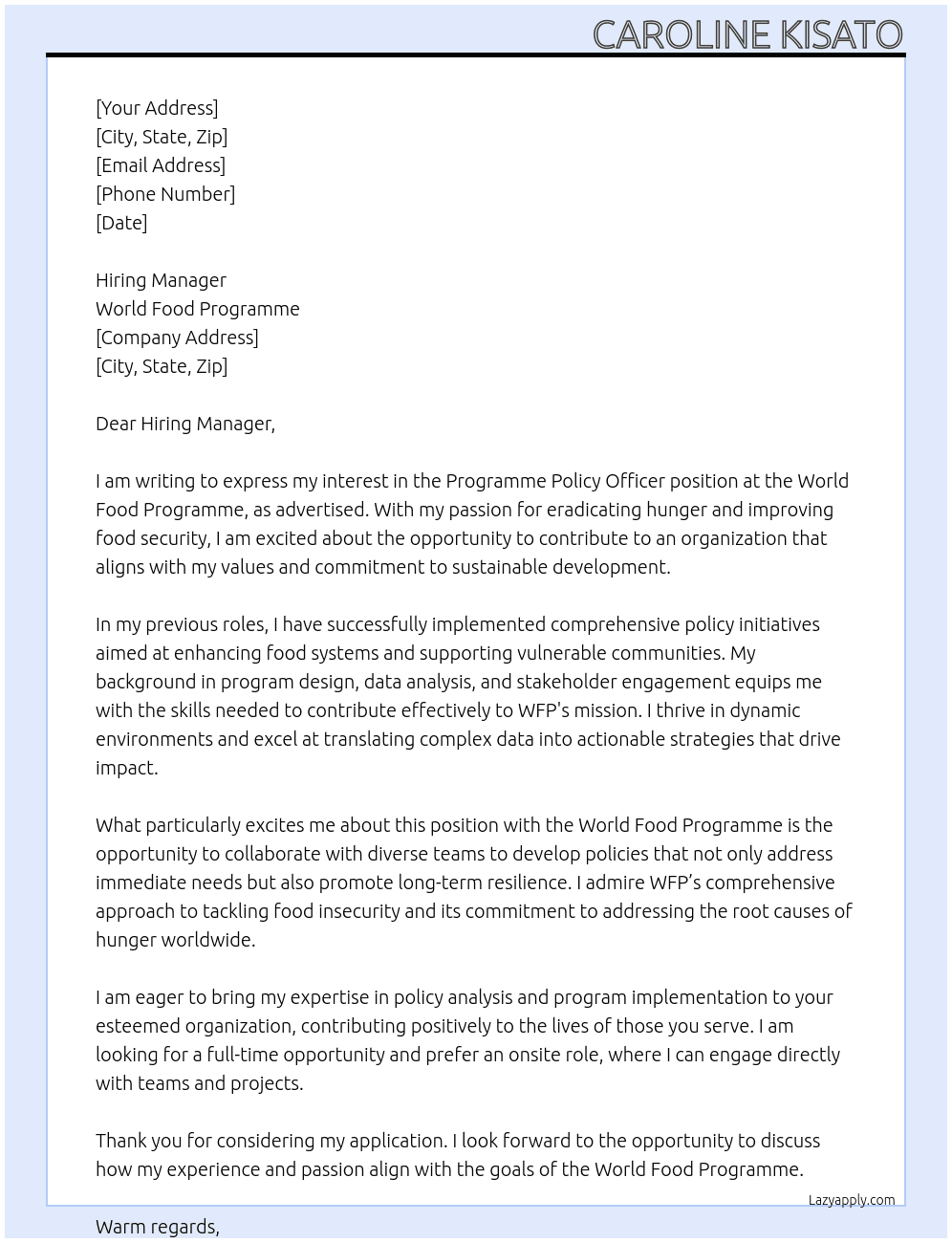 Programme Policy Officer At World Food Programme  Cover Letter