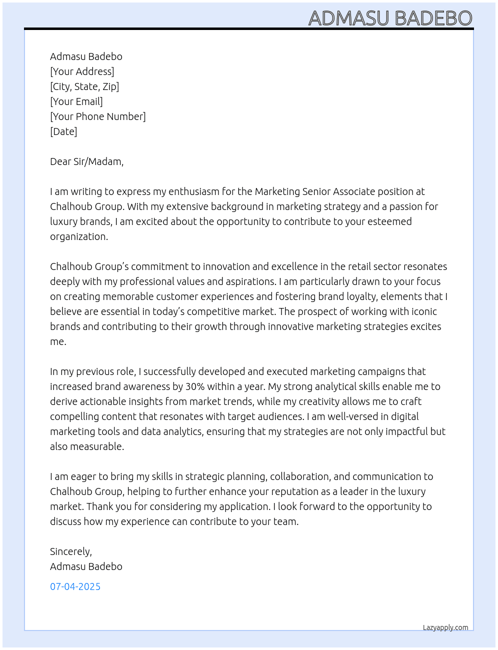 Marketing Senior Associate At Chalhoub Group Cover Letter