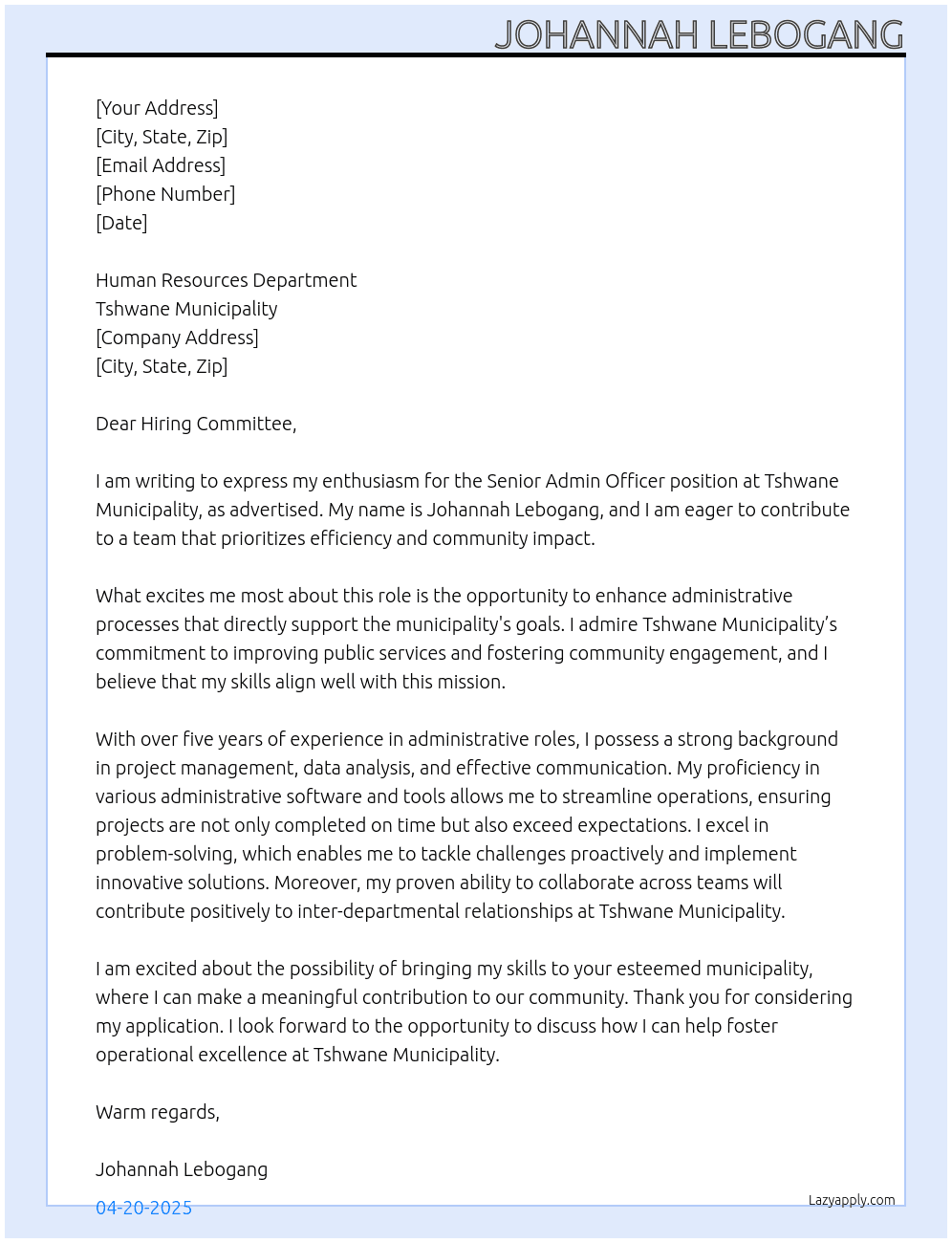 Senior Admin Officer  At Tshwane Municipality  Cover Letter