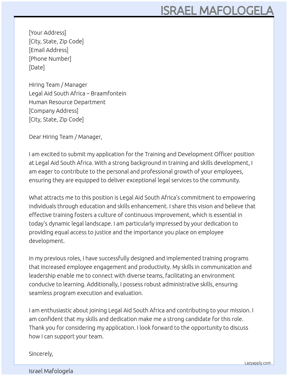 Cover letter for training and development officer - LazyApply