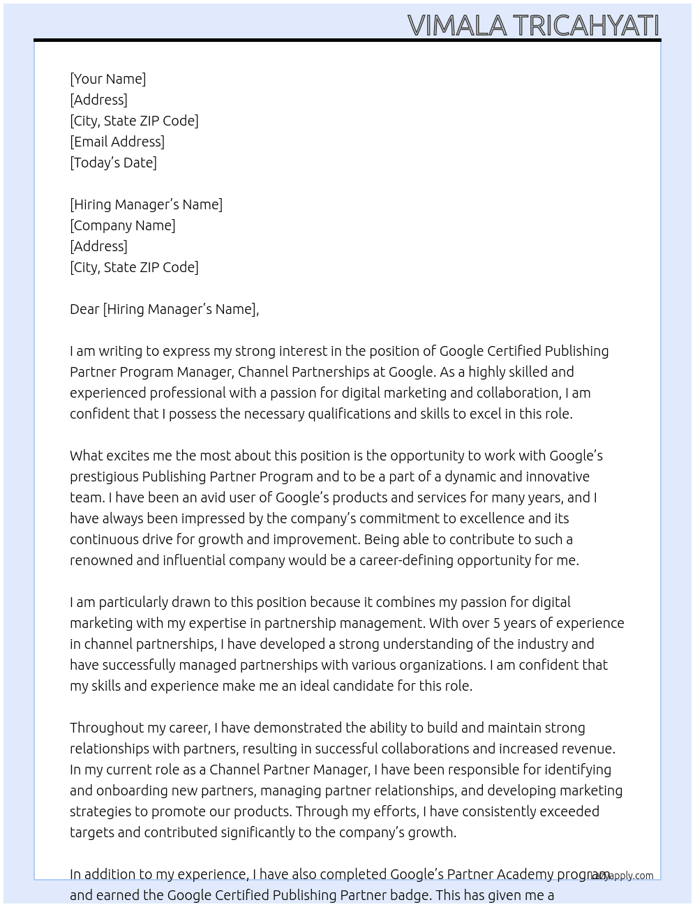 Cover letter for google certified publishing partner program manager, channel partnerships - LazyApply