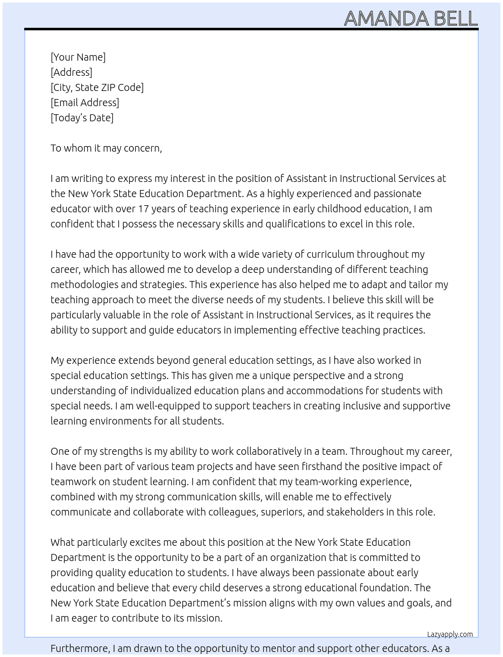 Cover letter for assistant in instructional services - LazyApply
