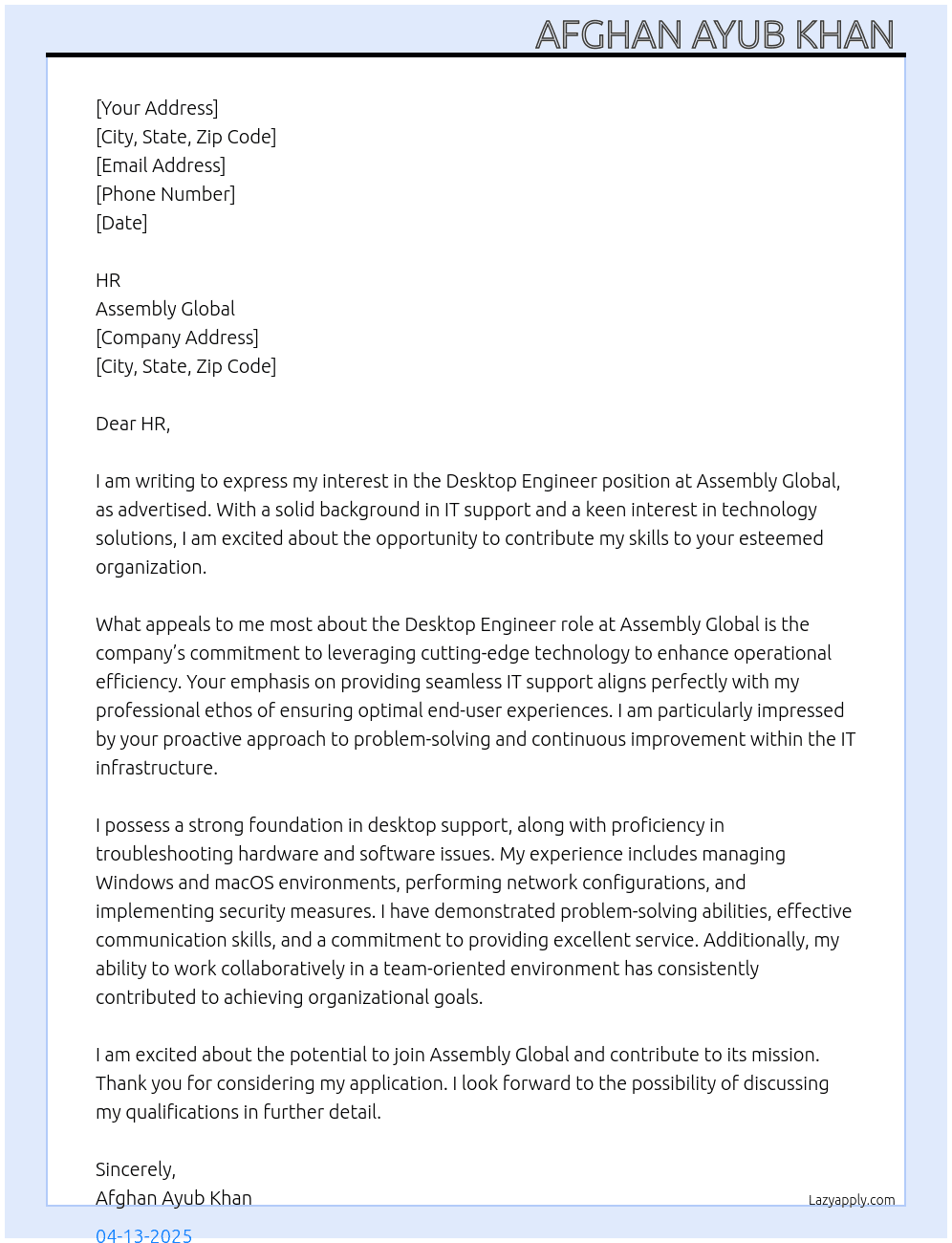 Desktop engineer  At Assembly global  Cover Letter