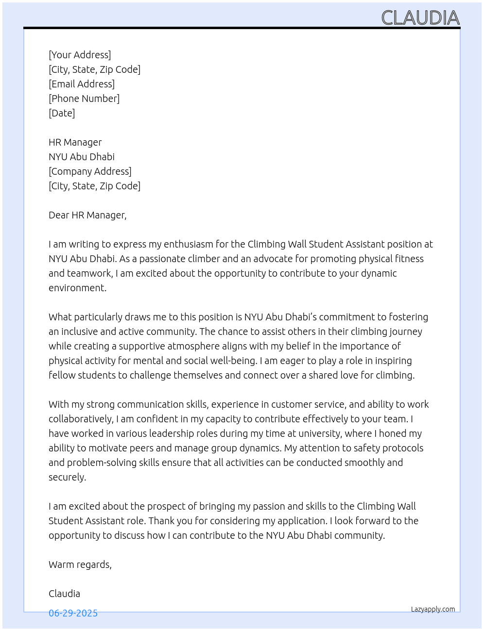 Climbing Wall Student Assistant At NYU Abu Dhabi Cover Letter