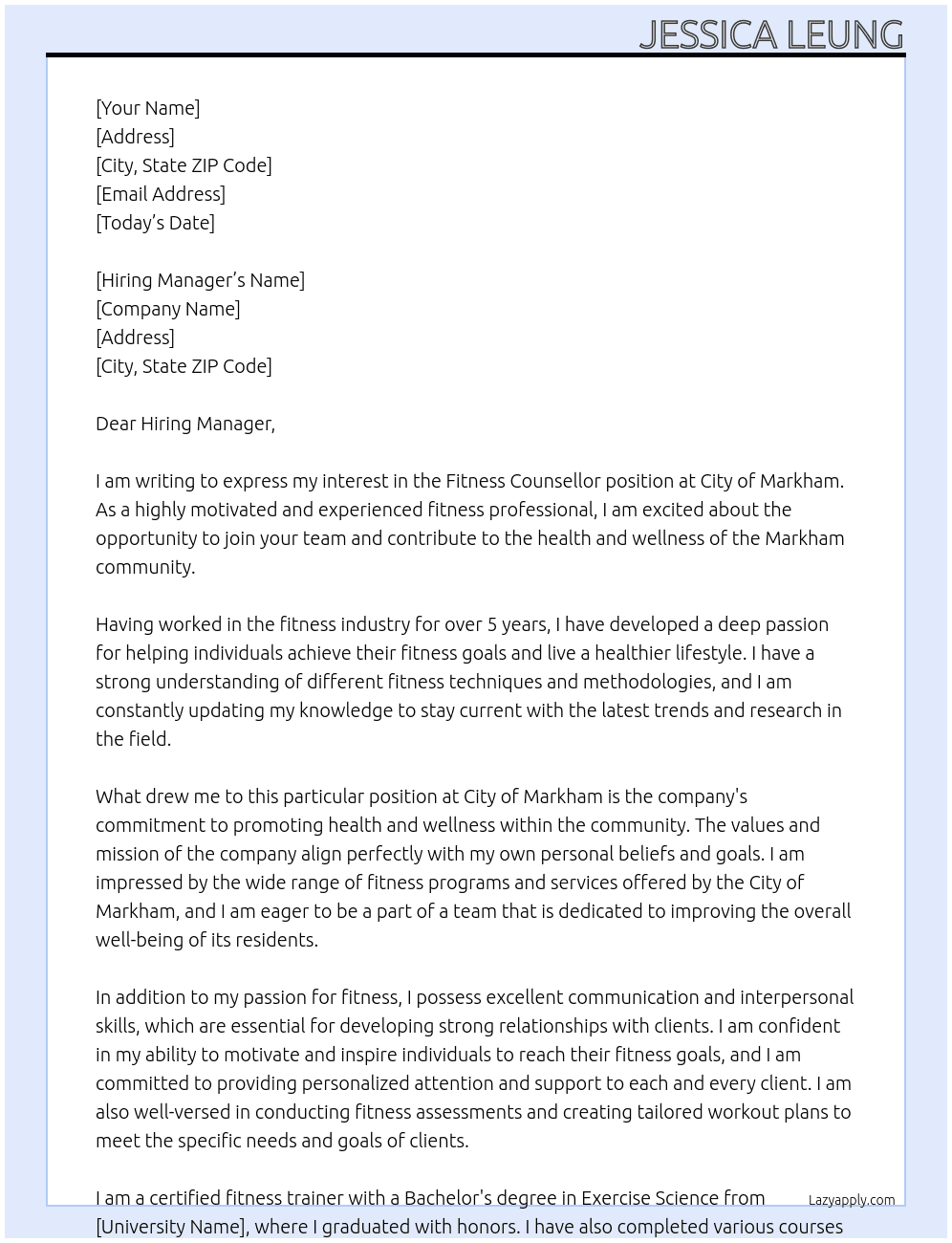 Fitness Counsellor  At City of Markham Cover Letter