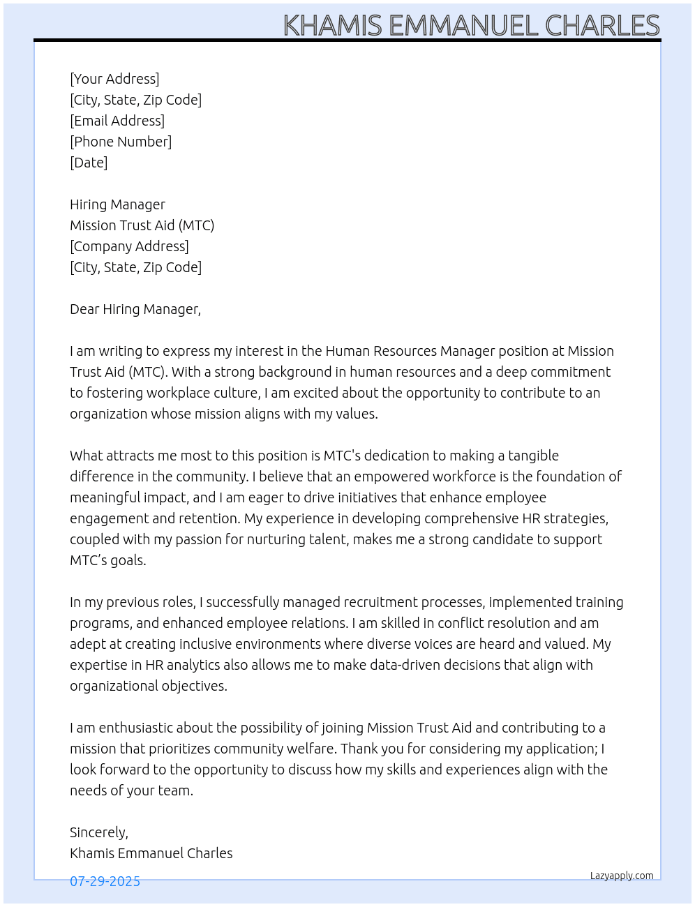 Cover letter for human resources manager - LazyApply