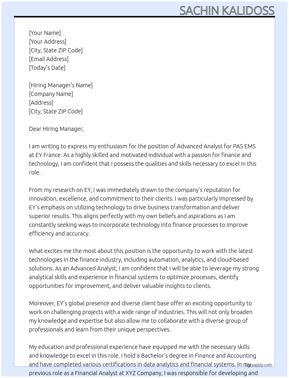 Cover letter for pas ems - france - advanced analyst - LazyApply