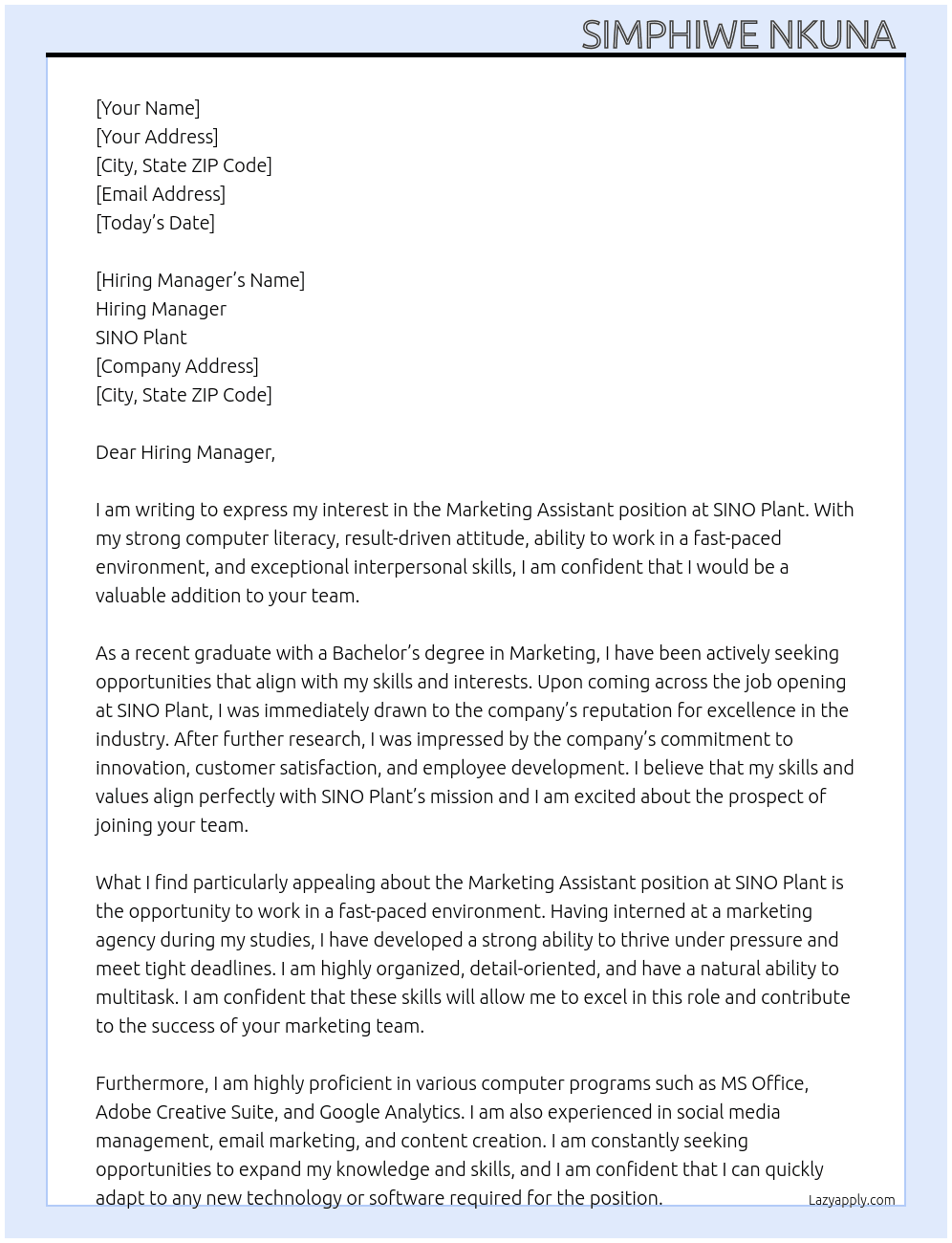 Marketing Assistant  At SINO Plant  Cover Letter