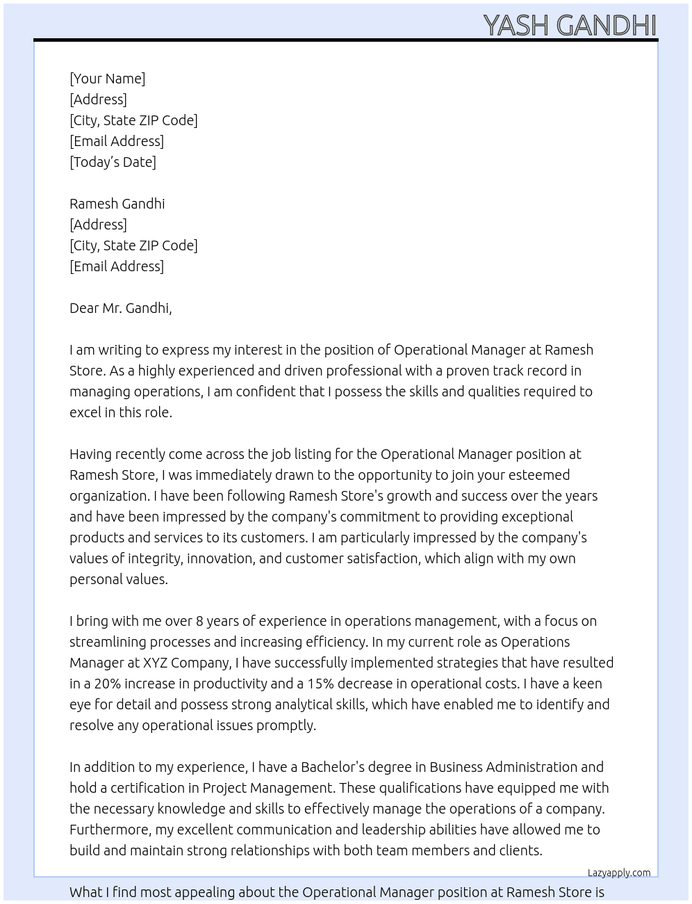 Operationa Manager At Ramesh Store Cover Letter