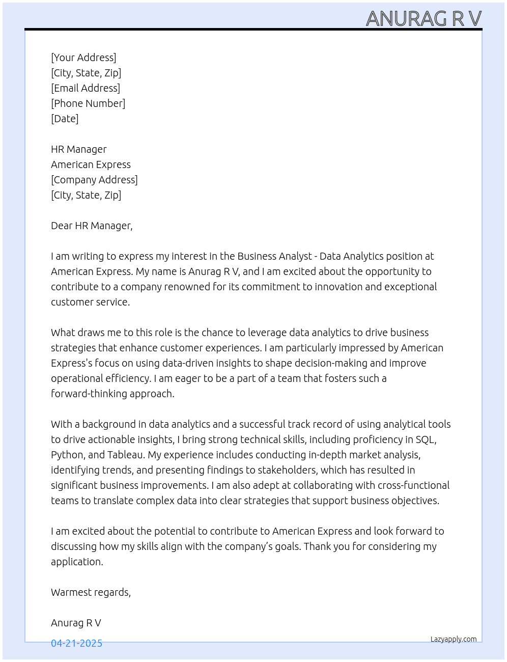 Cover letter for bus analyst-data analytics - LazyApply