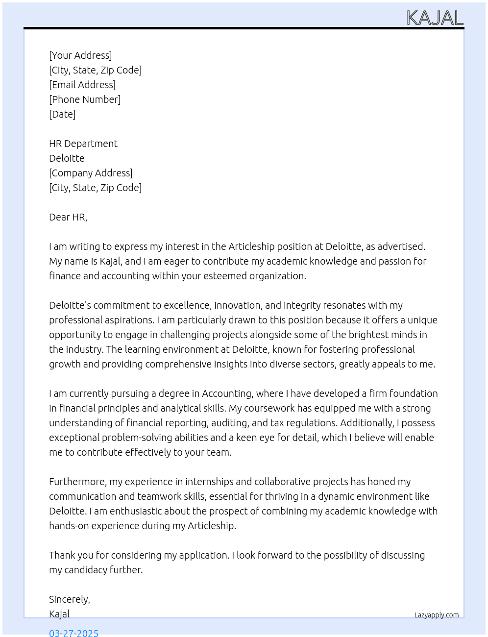 Articleship  At Deloitte  Cover Letter