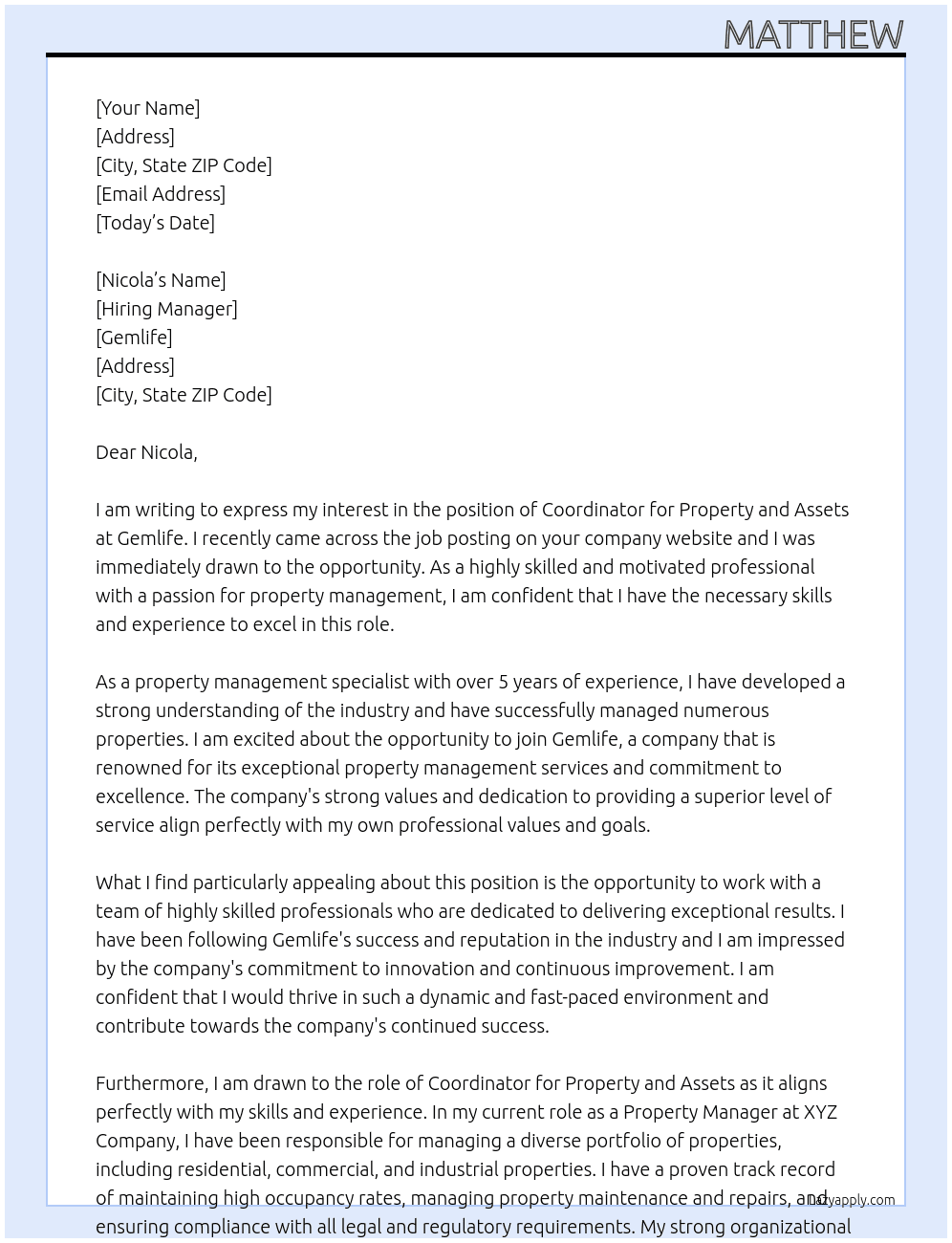 coordinator, property and Assets At Gemlife Cover Letter