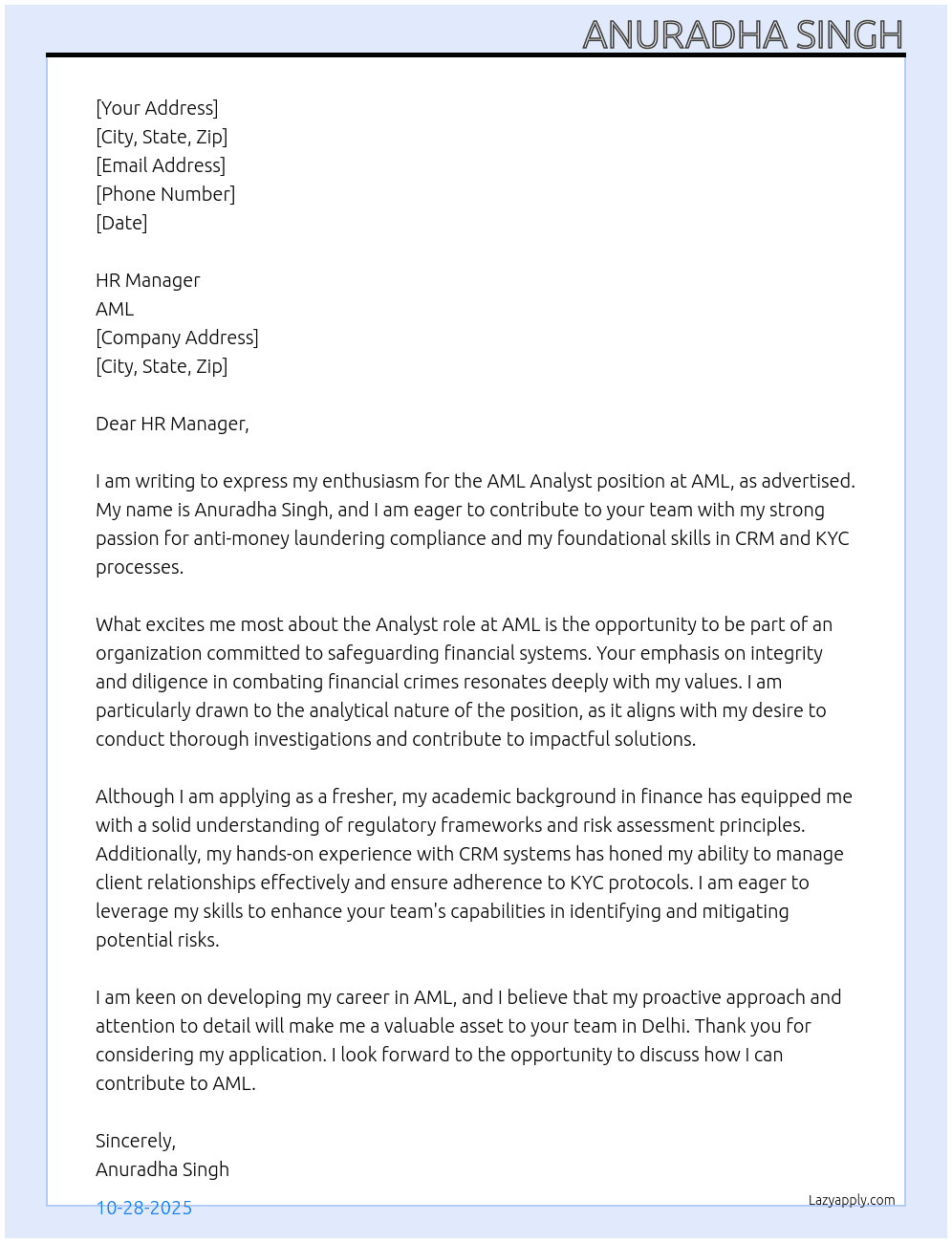 Cover letter for aml analyst - LazyApply