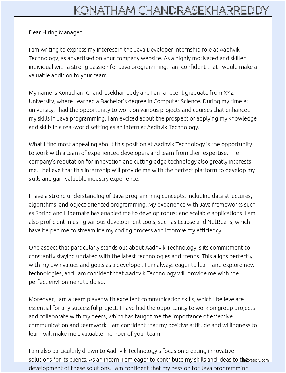 Java developer  At Aadhvik technology  Cover Letter