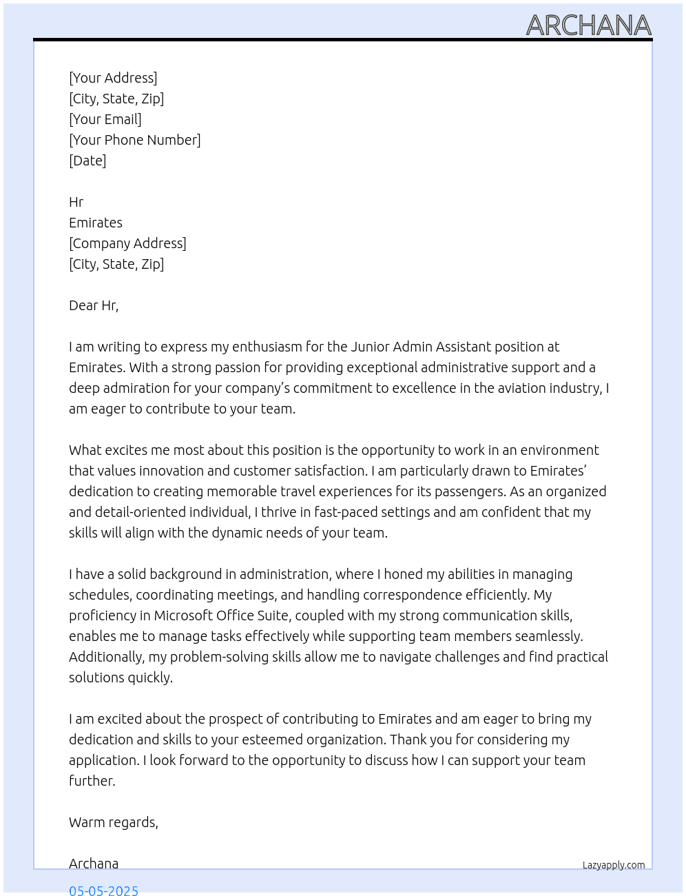 Cover letter for junior admin assistant - LazyApply