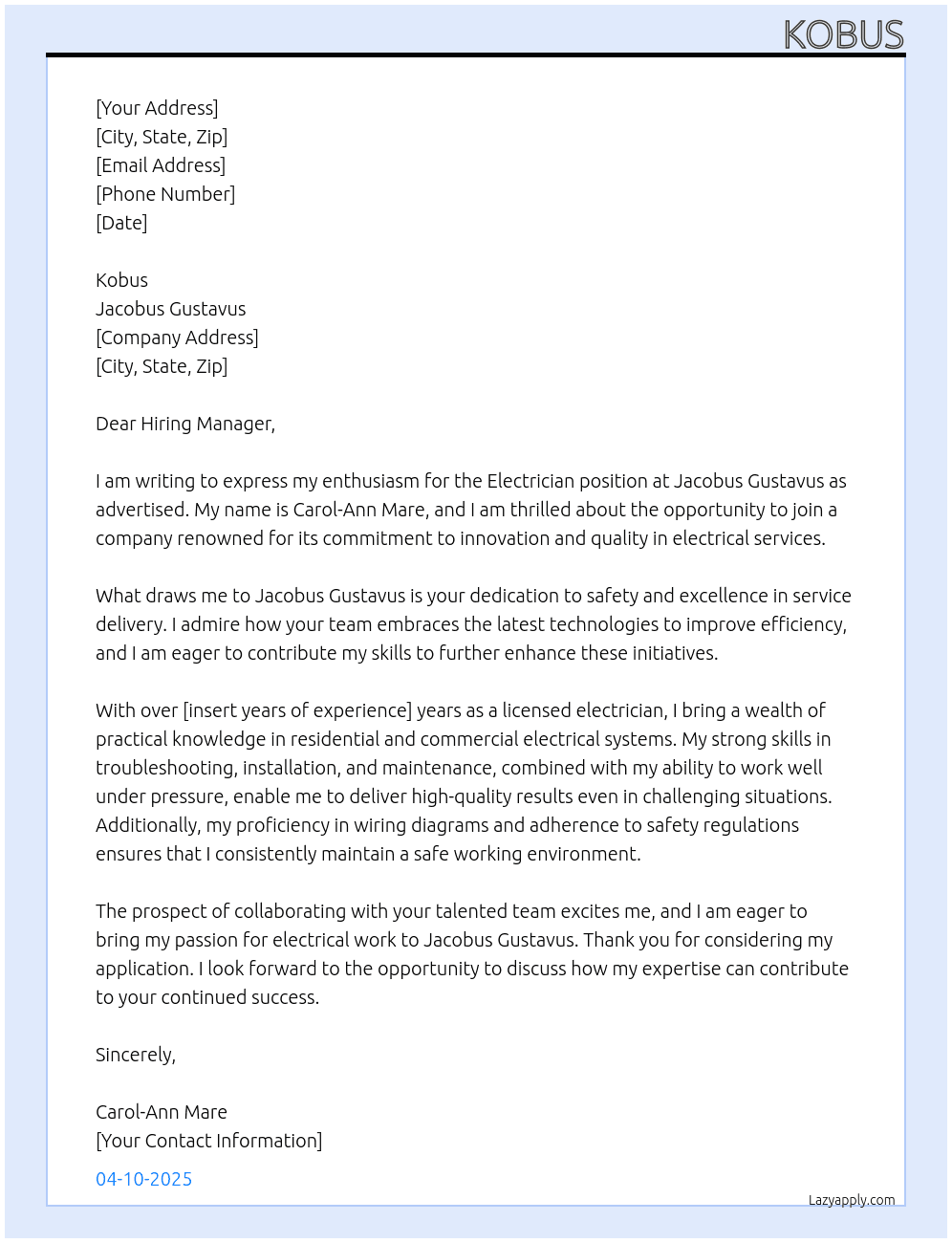 Electrician At Jacobus Gustavus Cover Letter