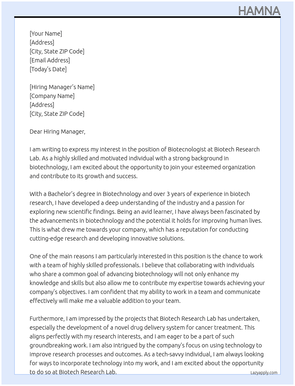 biotecnologist At biotech research lab Cover Letter