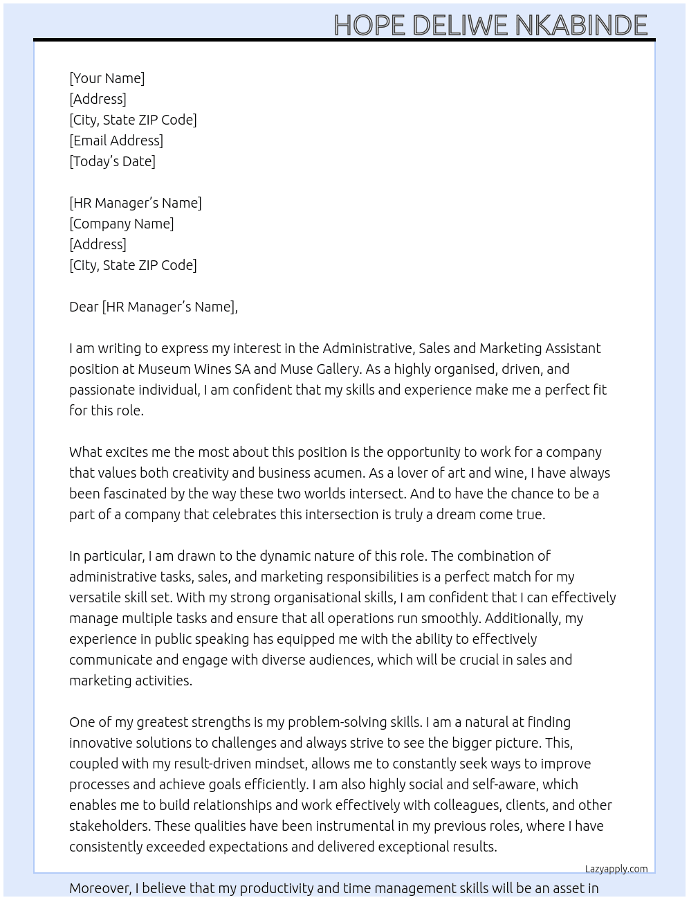 Cover letter for administrative, sales and marketing assistant - LazyApply