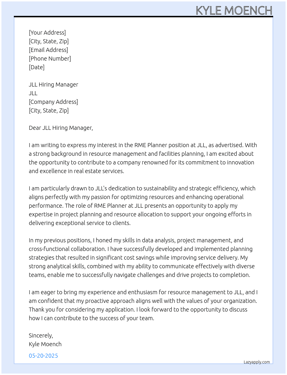 RME Planner At JLL Cover Letter