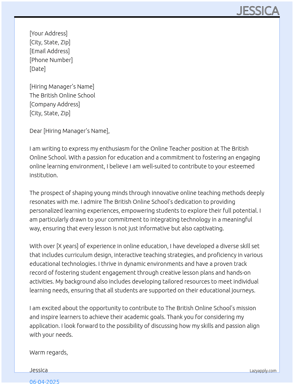 Online teacher At The British Online School Cover Letter