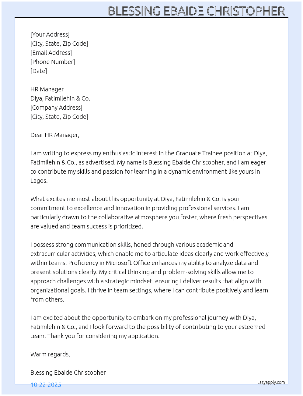 Graduate trainee At Diya, Fatimilehin & Co. Cover Letter