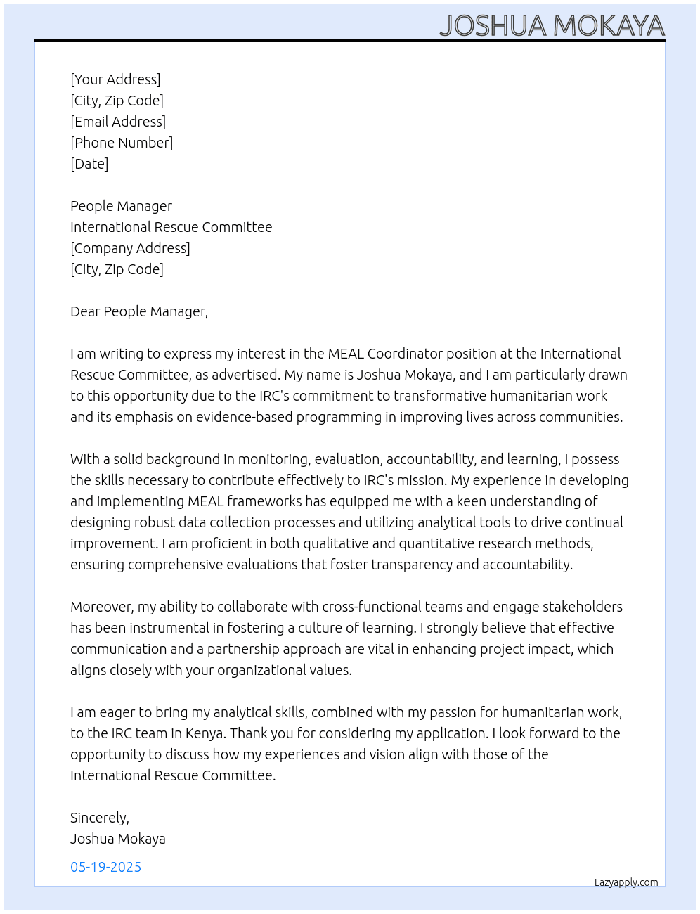 Cover letter for meal coordinator - LazyApply