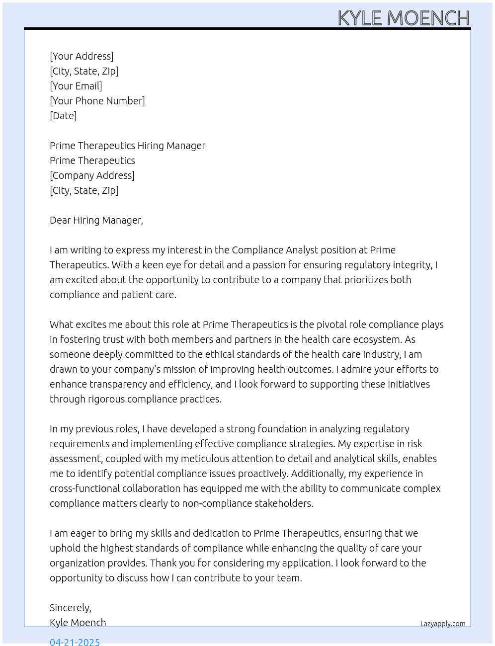 Compliance Analysts At Prime Therapeutics Cover Letter