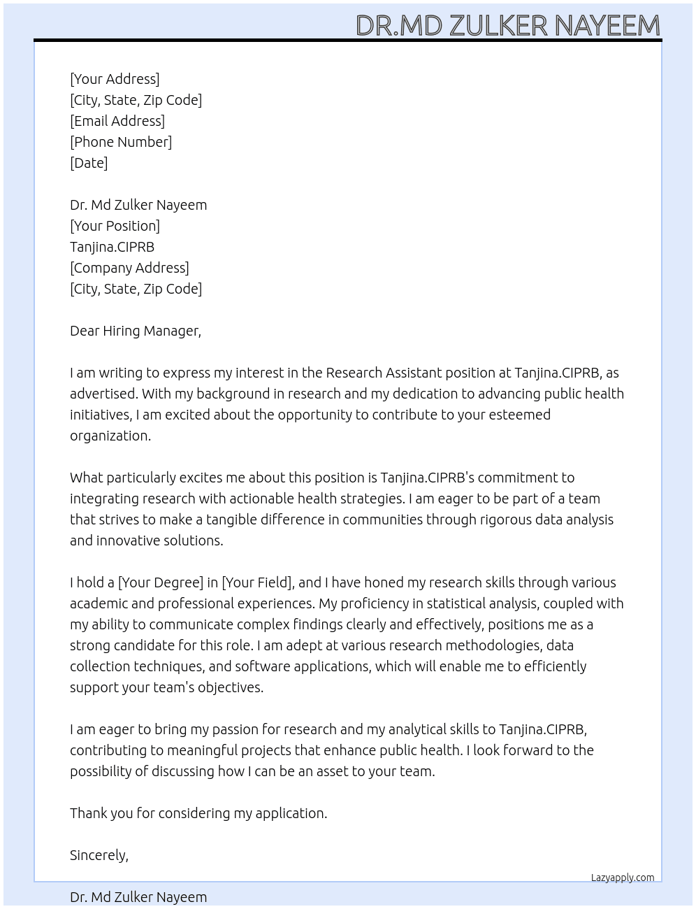 research assistant  At tanjina.ciprb  Cover Letter